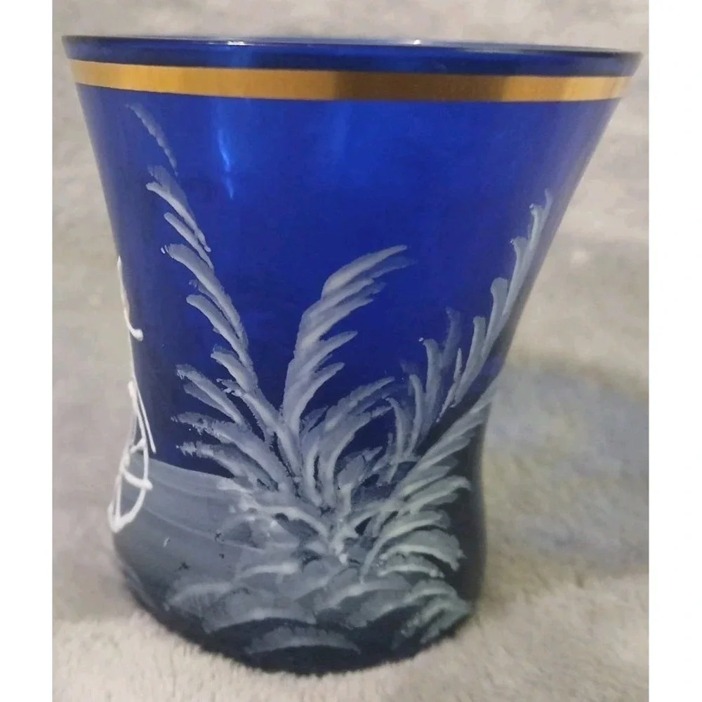 Vtg Mary Gregory Toothpick Holder Cobalt Blue Glass Child Bicycle Hand Painted‎